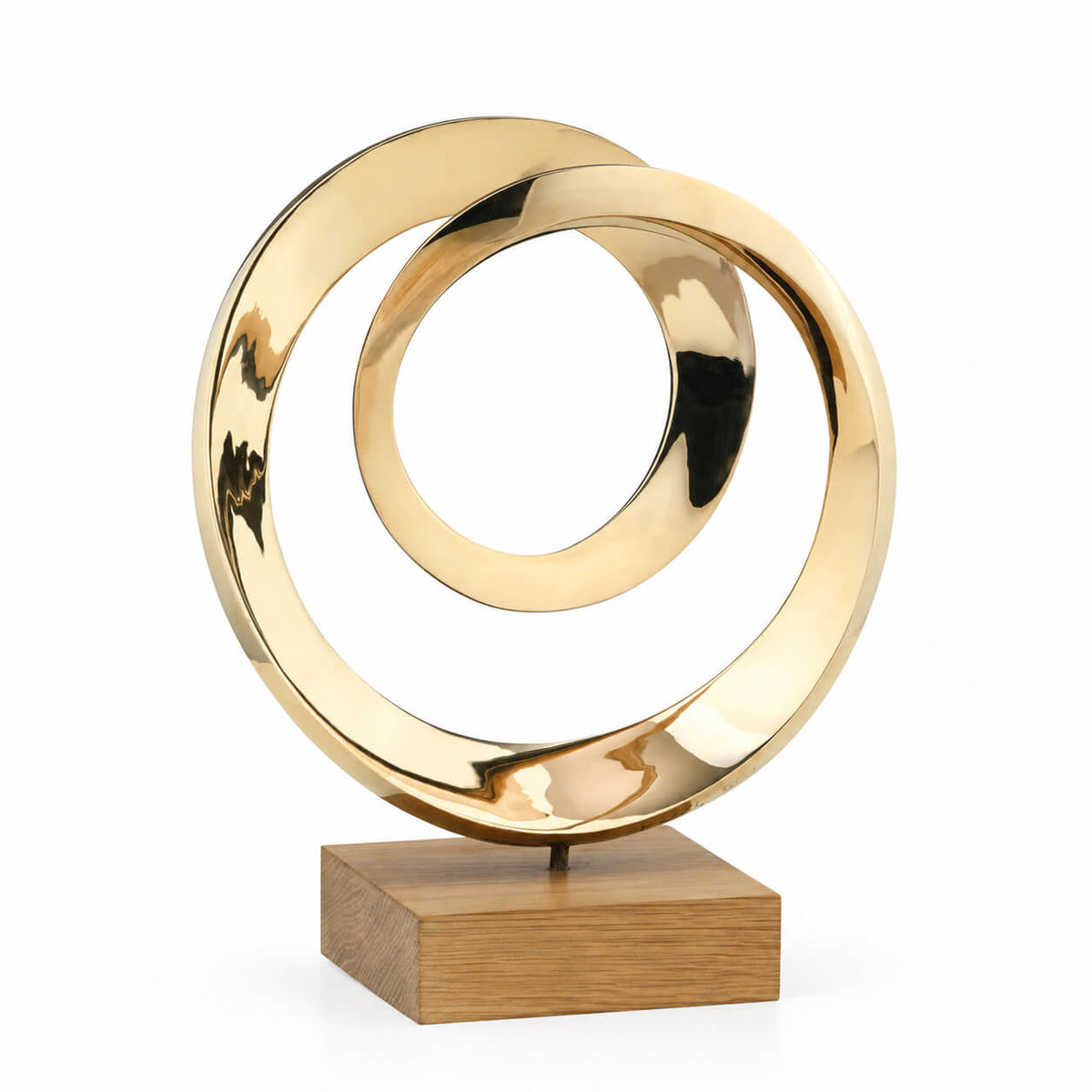 Infinity Spiral — polished bronze sculpture on an oak base